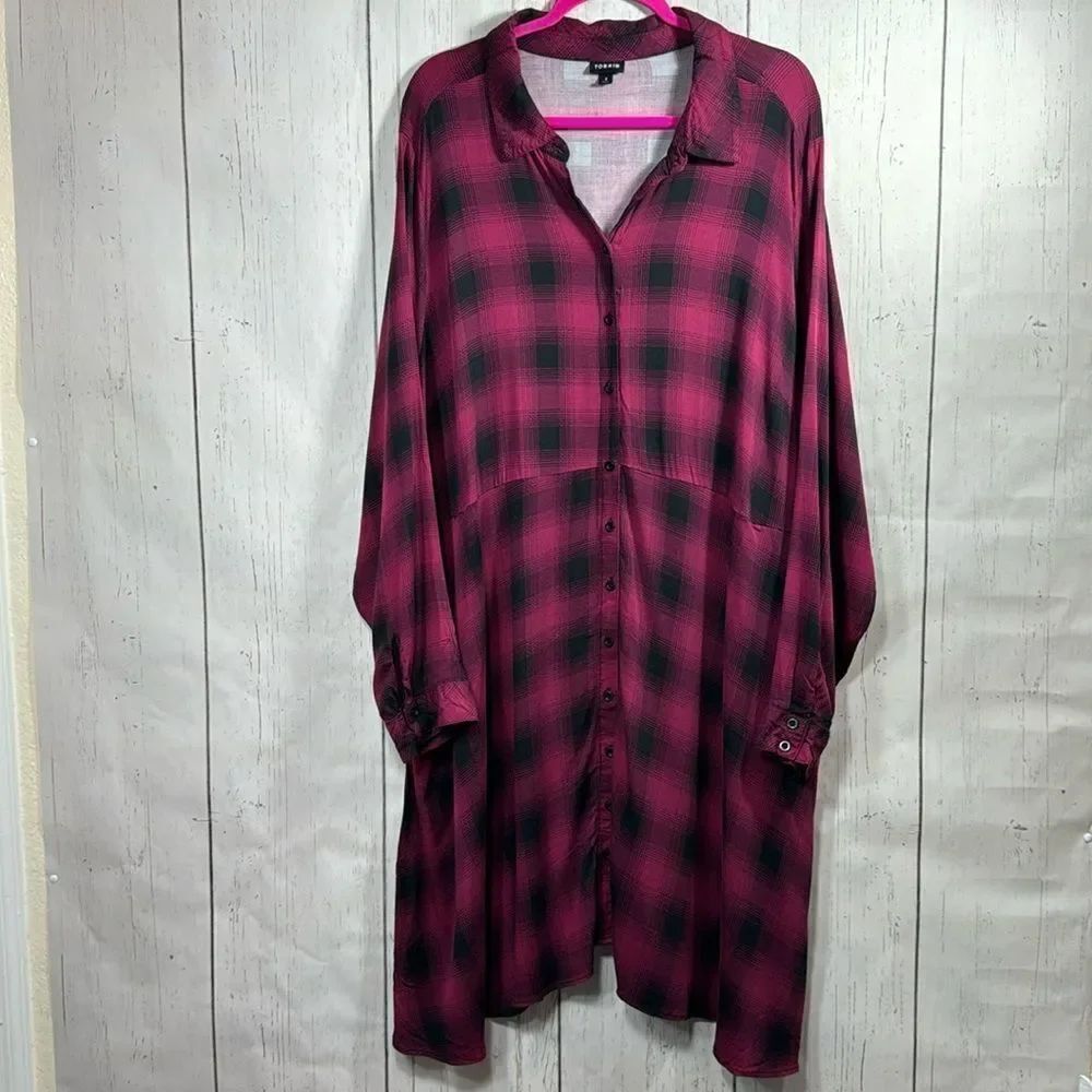 Torrid Plus Size Plaid Shirt Dress Tunic Pink Black Long Sleeve Button Front